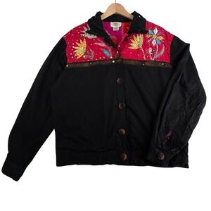 Sandy Starkman Jacket Womens Large Black Red Good Embroidered Sequin Art to Wear